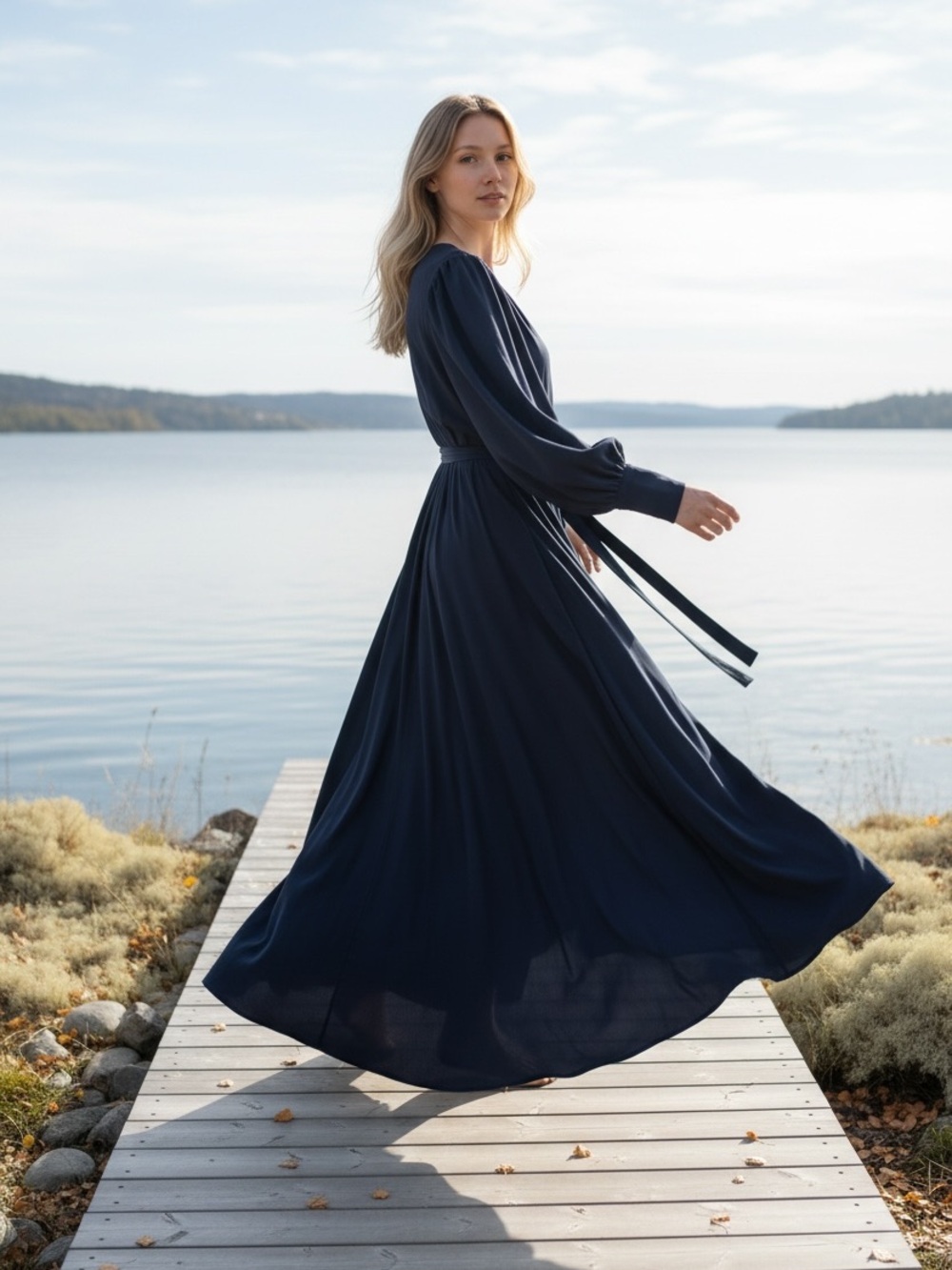 Massimo Dutti Navy Wrap Maxi Dress Size EUR 40 US 8 Long Sleeve Navy Flowy